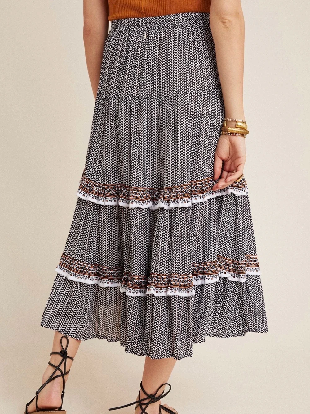 Tiered Black & White Printed Midi Skirt